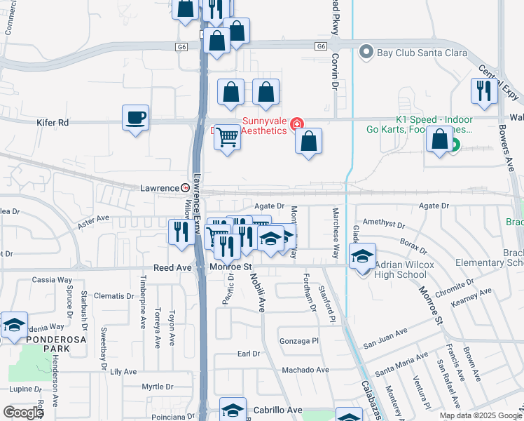 map of restaurants, bars, coffee shops, grocery stores, and more near 3458 Agate Drive in Santa Clara