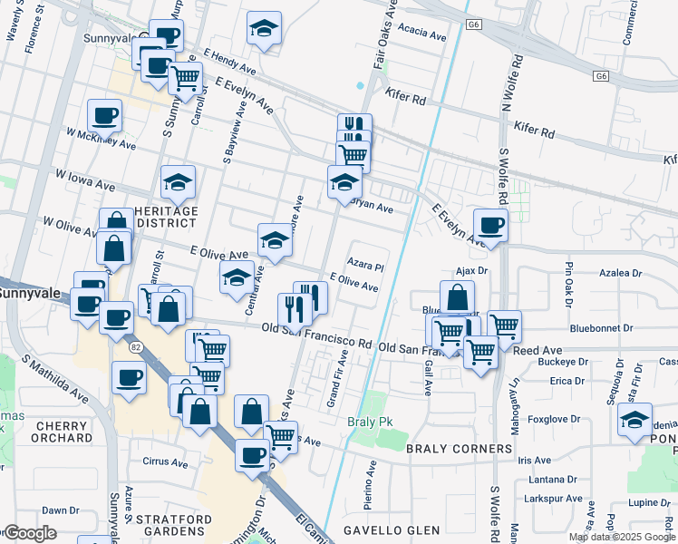 map of restaurants, bars, coffee shops, grocery stores, and more near 605 East Olive Avenue in Sunnyvale