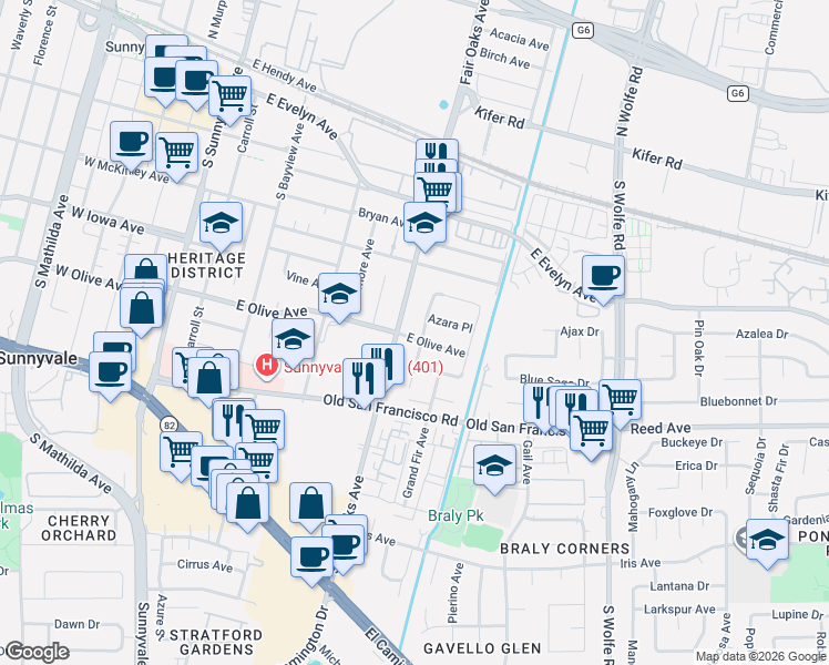 map of restaurants, bars, coffee shops, grocery stores, and more near 605 East Olive Avenue in Sunnyvale