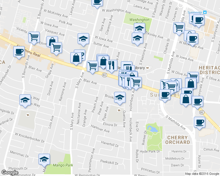 map of restaurants, bars, coffee shops, grocery stores, and more near 852 Blair Avenue in Sunnyvale