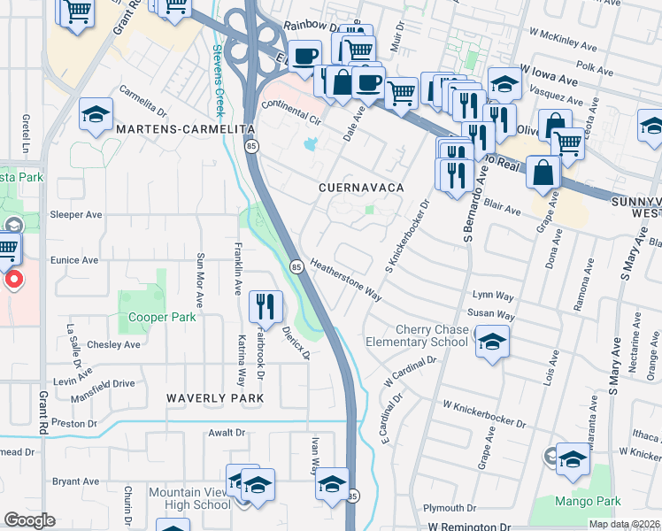 map of restaurants, bars, coffee shops, grocery stores, and more near 851 Runningwood Circle in Mountain View