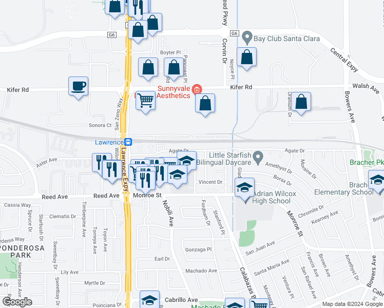 map of restaurants, bars, coffee shops, grocery stores, and more near 3408 Agate Drive in Santa Clara