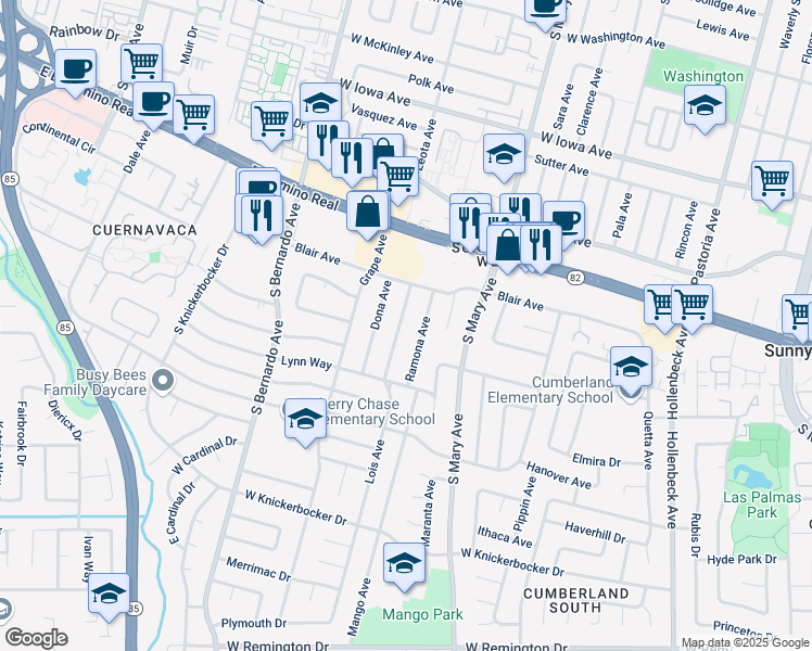 map of restaurants, bars, coffee shops, grocery stores, and more near 756 Lois Avenue in Sunnyvale
