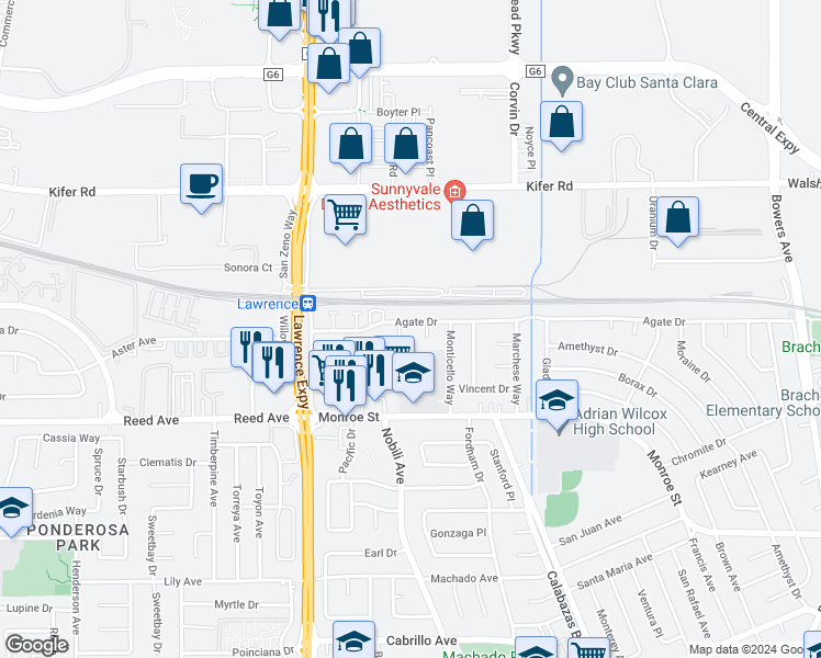 map of restaurants, bars, coffee shops, grocery stores, and more near 3458 Agate Drive in Santa Clara