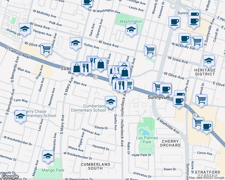 map of restaurants, bars, coffee shops, grocery stores, and more near 825 Blair Avenue in Sunnyvale