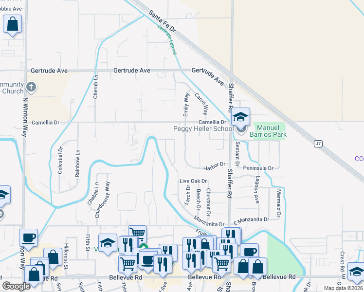 map of restaurants, bars, coffee shops, grocery stores, and more near 3381 Harbor Drive in Atwater