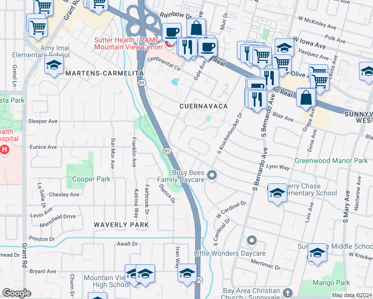 map of restaurants, bars, coffee shops, grocery stores, and more near 851 Runningwood Circle in Mountain View