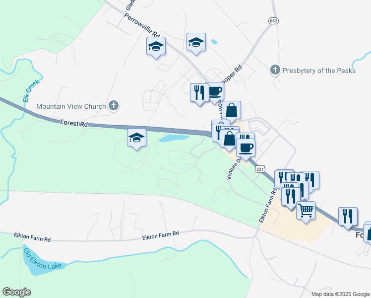 map of restaurants, bars, coffee shops, grocery stores, and more near 1209 Valley Vista Lane in Forest