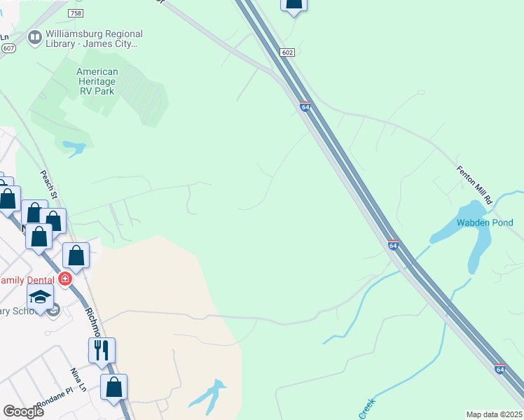 map of restaurants, bars, coffee shops, grocery stores, and more near 121 Wilderness Lane in Williamsburg