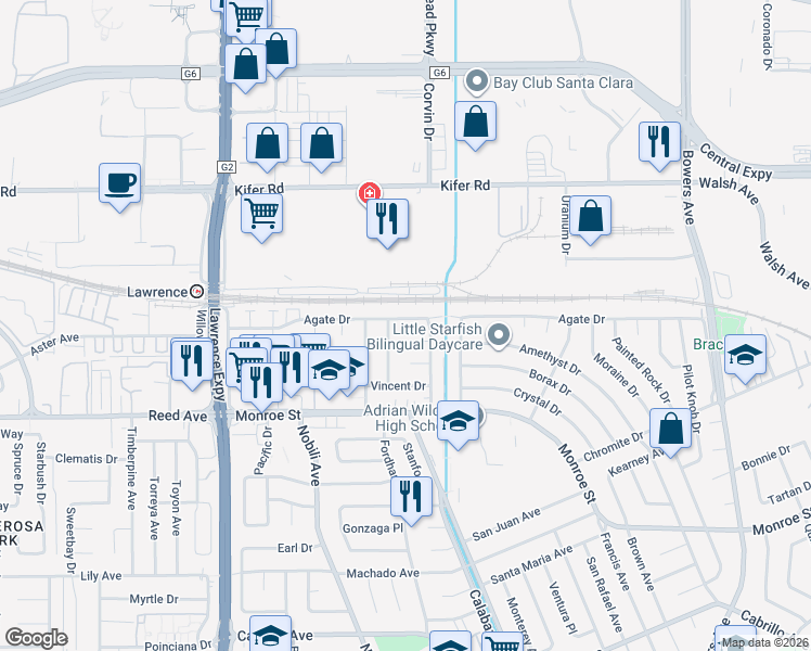 map of restaurants, bars, coffee shops, grocery stores, and more near 3358 Agate Drive in Santa Clara