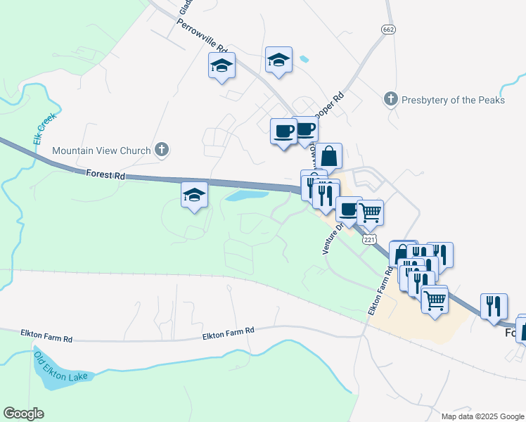 map of restaurants, bars, coffee shops, grocery stores, and more near 1209 Valley Vista Lane in Forest