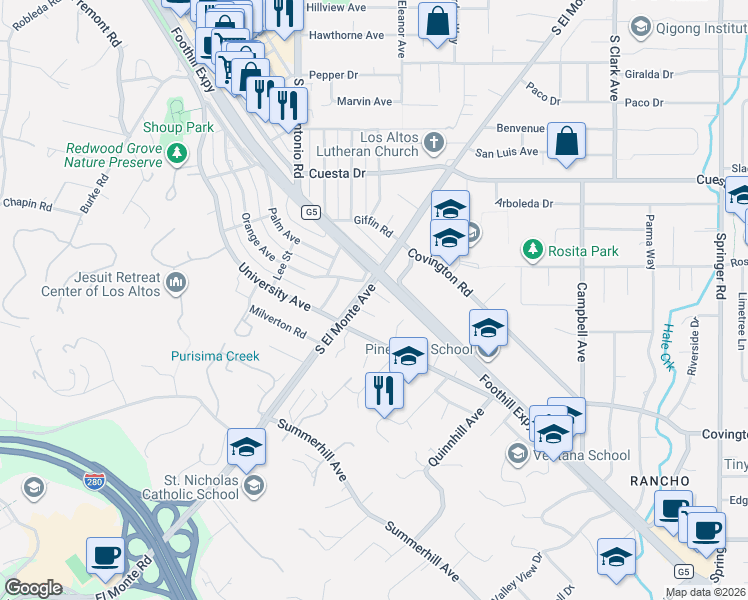 map of restaurants, bars, coffee shops, grocery stores, and more near 731 Viola Place in Los Altos