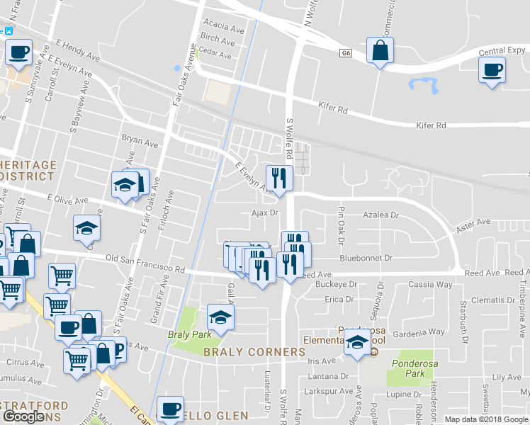 map of restaurants, bars, coffee shops, grocery stores, and more near Ajax Drive & Juniper Court in Sunnyvale