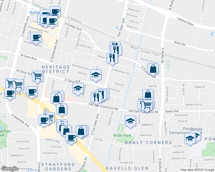 map of restaurants, bars, coffee shops, grocery stores, and more near 605 East Olive Avenue in Sunnyvale