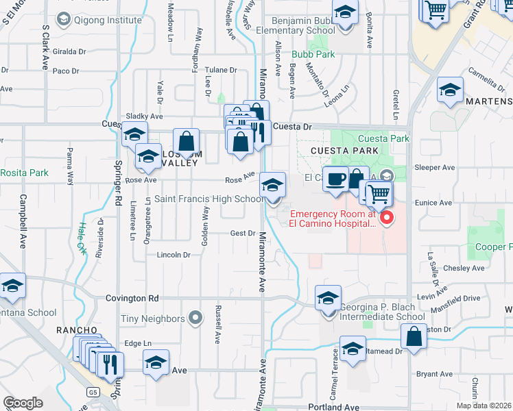 map of restaurants, bars, coffee shops, grocery stores, and more near 1876 Miramonte Avenue in Mountain View