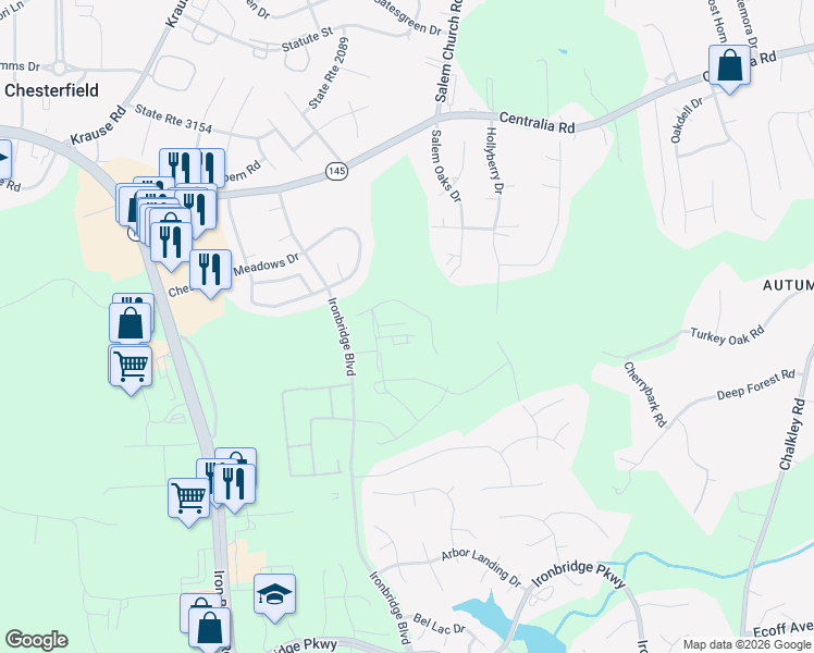 map of restaurants, bars, coffee shops, grocery stores, and more near 6104 Chesterfield Meadows Drive in Chesterfield
