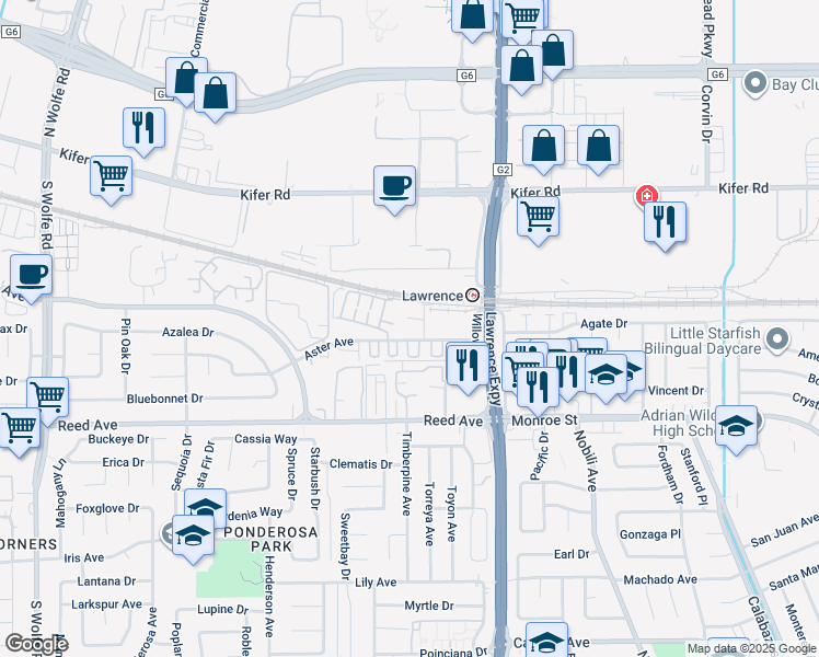map of restaurants, bars, coffee shops, grocery stores, and more near 308 Torrey Pine Terrace in Sunnyvale