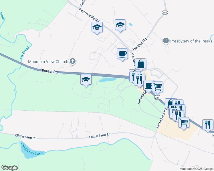 map of restaurants, bars, coffee shops, grocery stores, and more near 1253 Valley Vista Lane in Forest