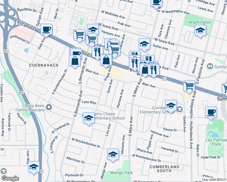 map of restaurants, bars, coffee shops, grocery stores, and more near 756 Lois Avenue in Sunnyvale