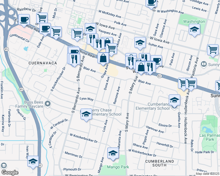map of restaurants, bars, coffee shops, grocery stores, and more near 756 Lois Avenue in Sunnyvale