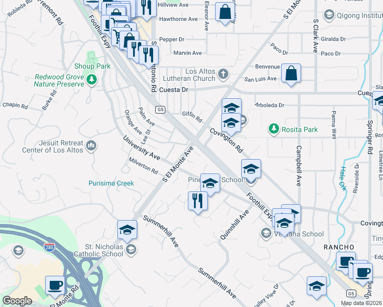 map of restaurants, bars, coffee shops, grocery stores, and more near 731 Viola Place in Los Altos
