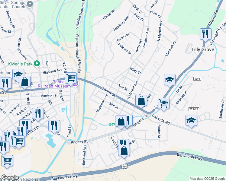 map of restaurants, bars, coffee shops, grocery stores, and more near 101-151 N Caperton Ave in Princeton