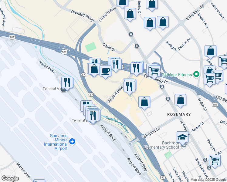 map of restaurants, bars, coffee shops, grocery stores, and more near 2001 Gateway Place in San Jose