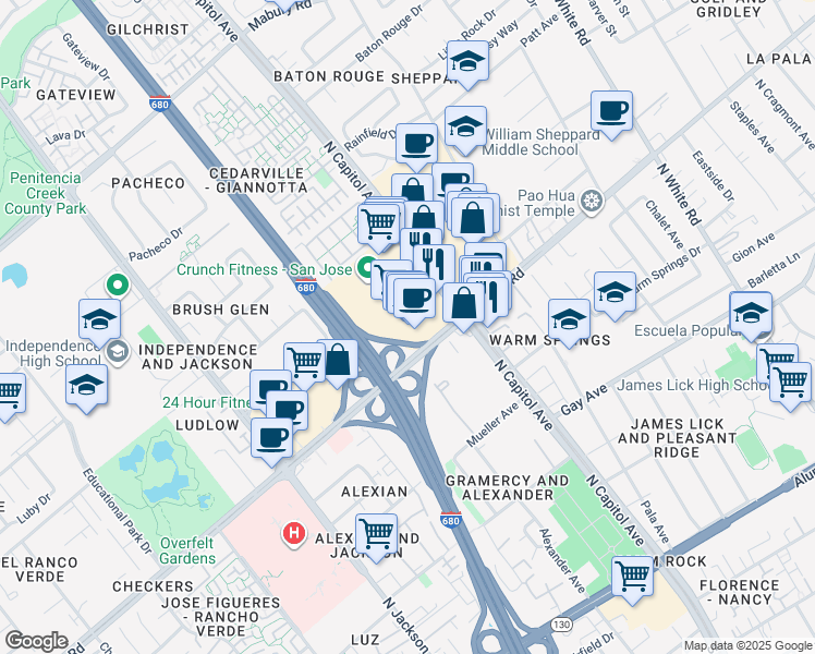 map of restaurants, bars, coffee shops, grocery stores, and more near in San Jose