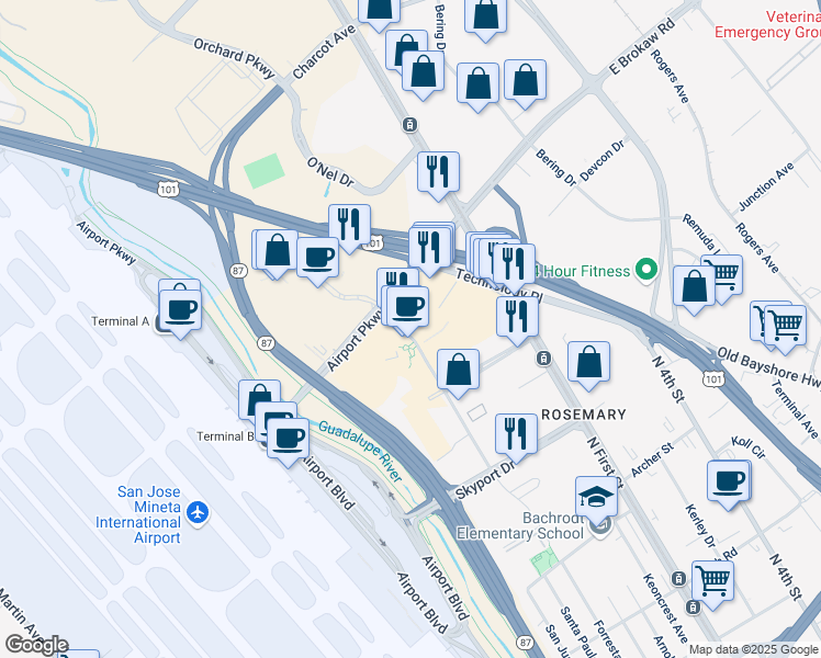 map of restaurants, bars, coffee shops, grocery stores, and more near 1788 Technology Drive in San Jose