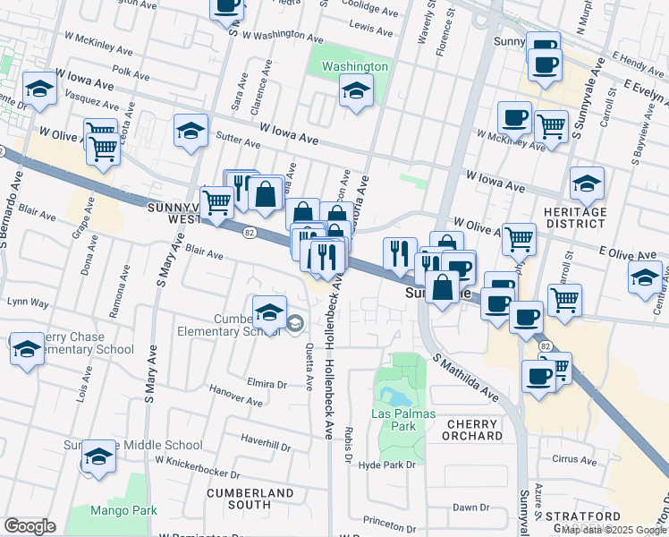 map of restaurants, bars, coffee shops, grocery stores, and more near 804 West El Camino Real in Sunnyvale