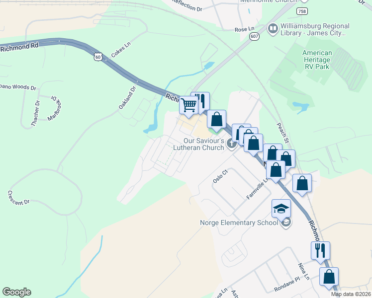 map of restaurants, bars, coffee shops, grocery stores, and more near 7498 Luminary Drive in Williamsburg