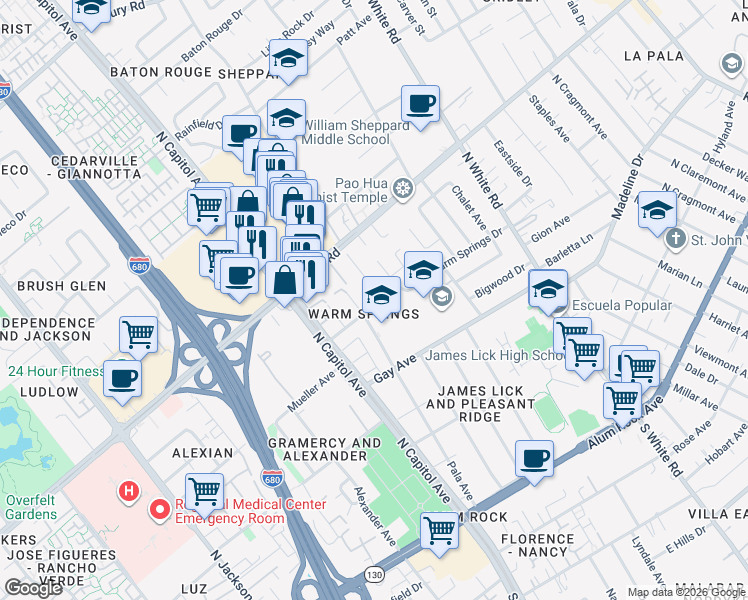 map of restaurants, bars, coffee shops, grocery stores, and more near 251 Pennyhill Drive in San Jose