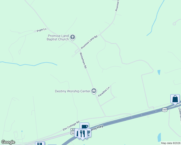 map of restaurants, bars, coffee shops, grocery stores, and more near Winterham Road in Amelia Court House