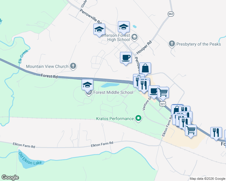 map of restaurants, bars, coffee shops, grocery stores, and more near 1253 Valley Vista Lane in Forest