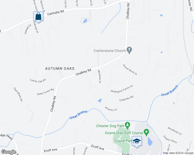 map of restaurants, bars, coffee shops, grocery stores, and more near 10642 Michmar Drive in Chester