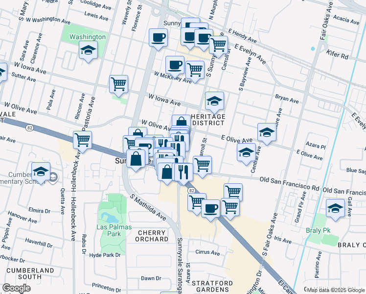 map of restaurants, bars, coffee shops, grocery stores, and more near 560 South Murphy Avenue in Sunnyvale