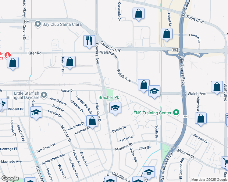map of restaurants, bars, coffee shops, grocery stores, and more near 2601 Cortez Drive in Santa Clara