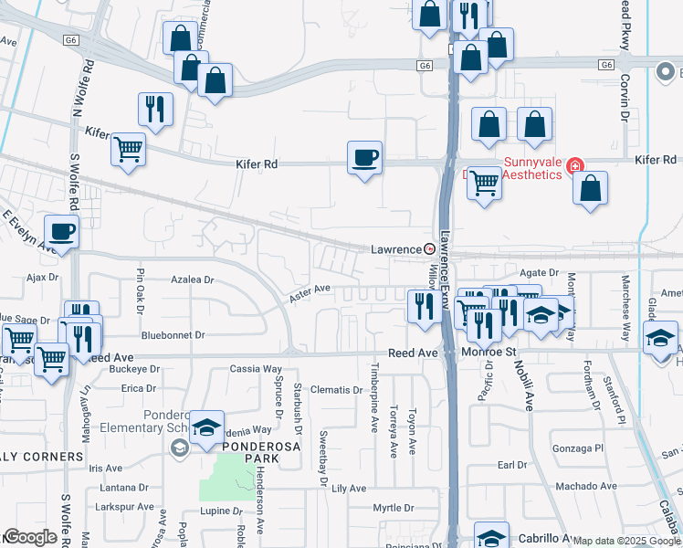 map of restaurants, bars, coffee shops, grocery stores, and more near 1111 Artemisia Terrace in Sunnyvale