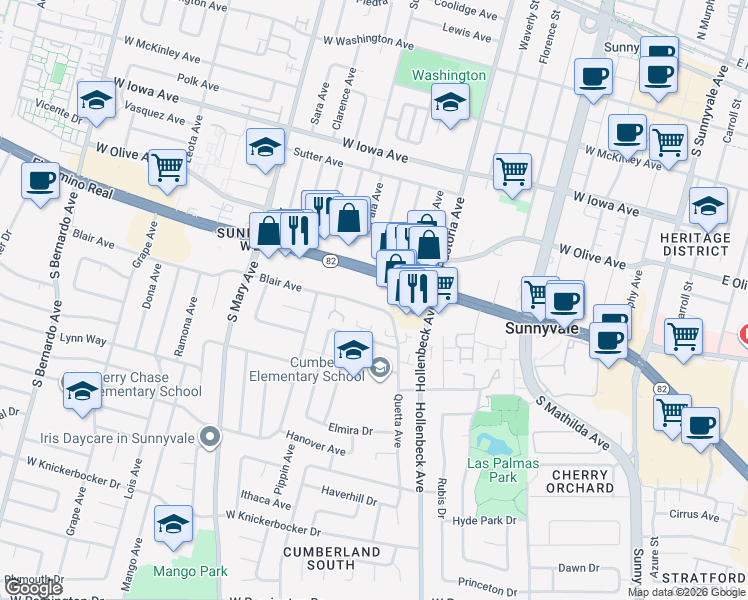 map of restaurants, bars, coffee shops, grocery stores, and more near 837 Blair Avenue in Sunnyvale