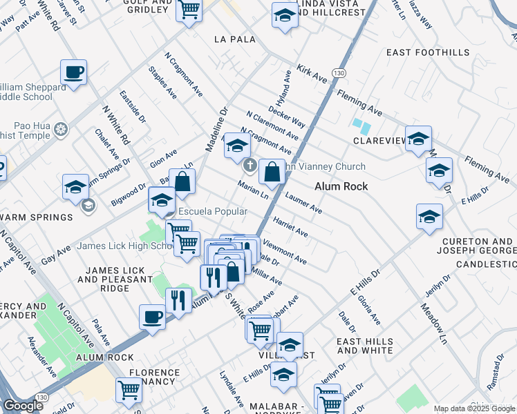 map of restaurants, bars, coffee shops, grocery stores, and more near 4585 Alum Rock Avenue in San Jose
