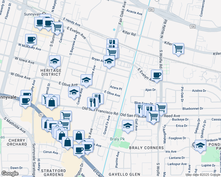 map of restaurants, bars, coffee shops, grocery stores, and more near 653 East Olive Avenue in Sunnyvale