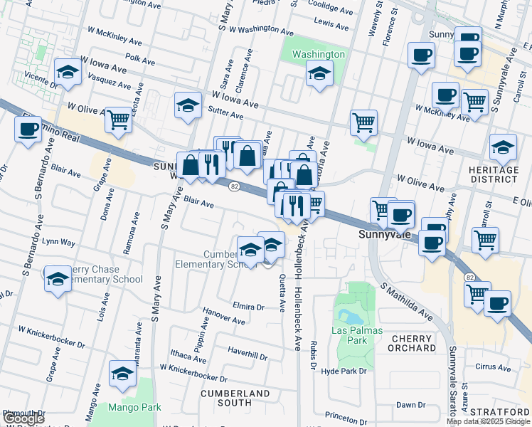 map of restaurants, bars, coffee shops, grocery stores, and more near 825 Blair Avenue in Sunnyvale