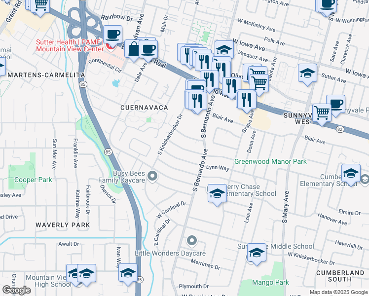 map of restaurants, bars, coffee shops, grocery stores, and more near 1266 Parkington Avenue in Sunnyvale