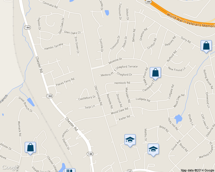 map of restaurants, bars, coffee shops, grocery stores, and more near 11301 Rochelle Road in Chester