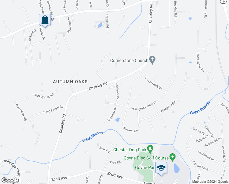 map of restaurants, bars, coffee shops, grocery stores, and more near 10642 Michmar Drive in Chester