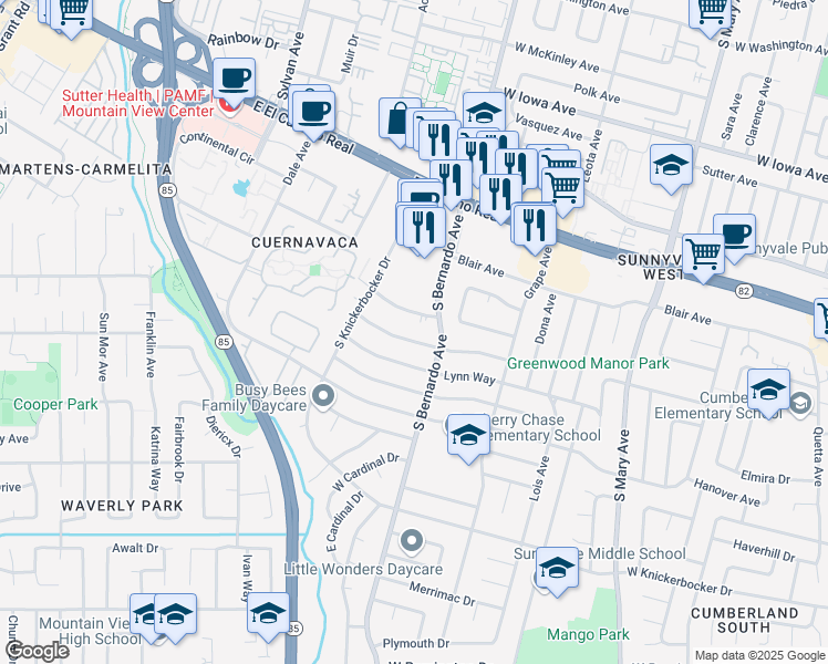 map of restaurants, bars, coffee shops, grocery stores, and more near 1235 Parkington Avenue in Sunnyvale