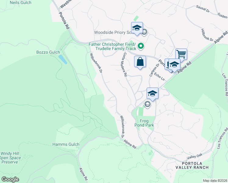map of restaurants, bars, coffee shops, grocery stores, and more near 240 Willowbrook Drive in Portola Valley