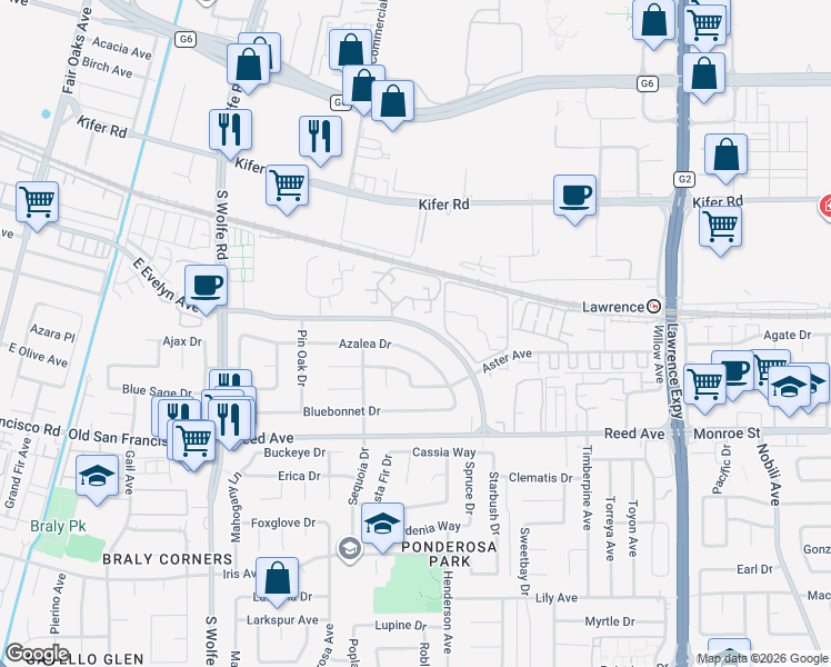 map of restaurants, bars, coffee shops, grocery stores, and more near 1006 East Evelyn Avenue in Sunnyvale