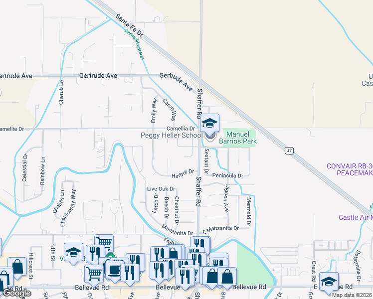 map of restaurants, bars, coffee shops, grocery stores, and more near 158 Spinnaker Drive in Atwater