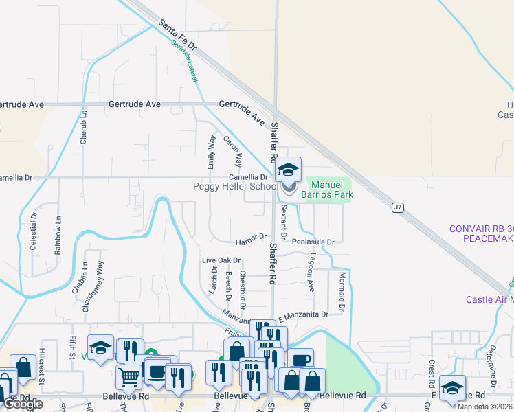 map of restaurants, bars, coffee shops, grocery stores, and more near 158 Spinnaker Drive in Atwater